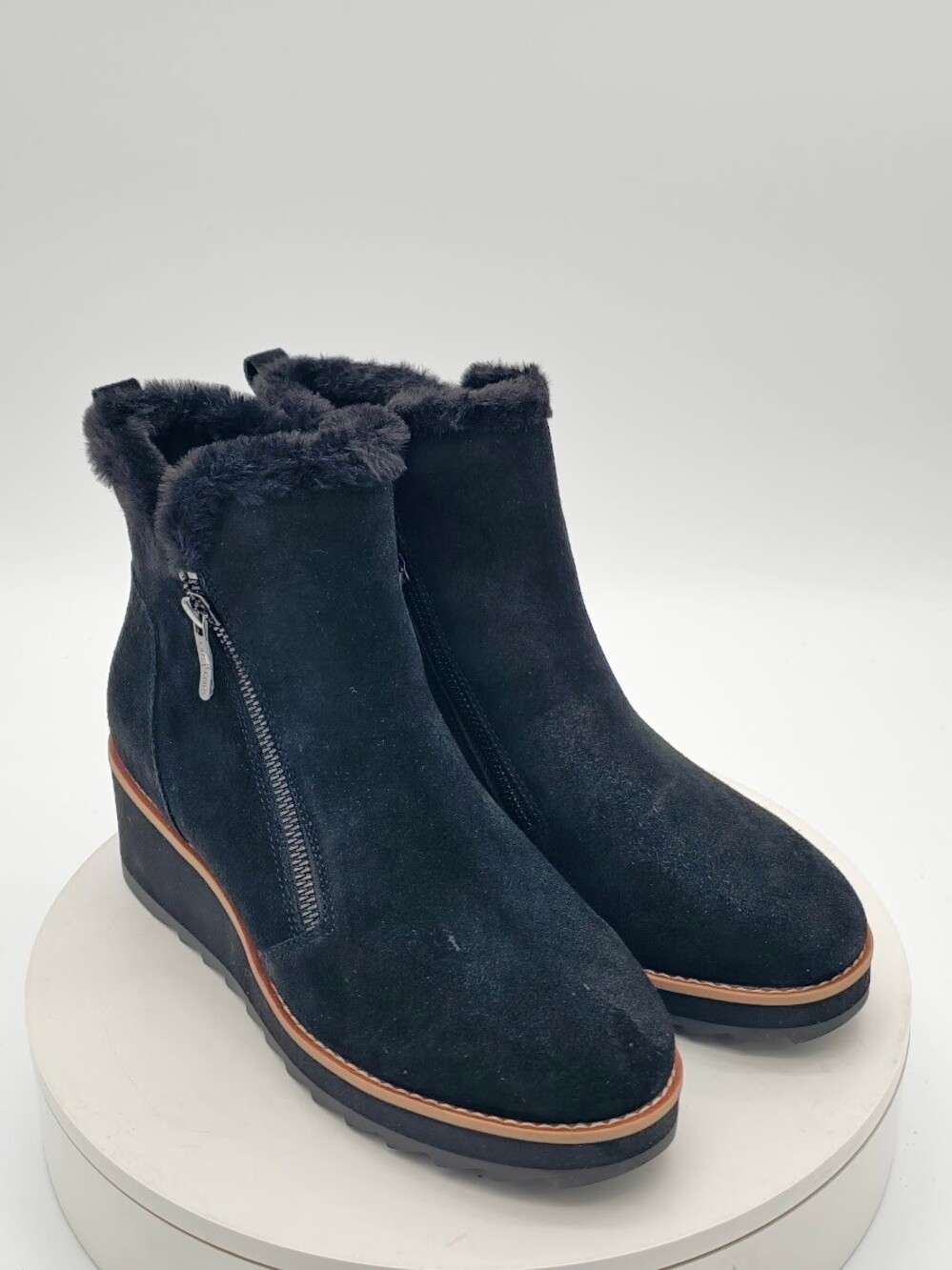 Easy Spirit Jane Black Suede Faux Fur Wedge Ankle Boots Women’s 8.5 W Wide